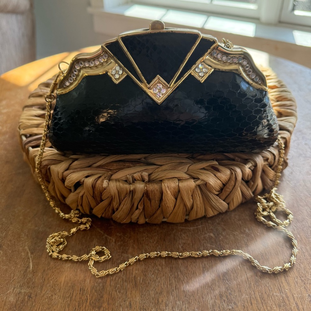 Sasha Womens Black Gold‎ Rhinestone Clamb Shell Evening Bag Chain Strap